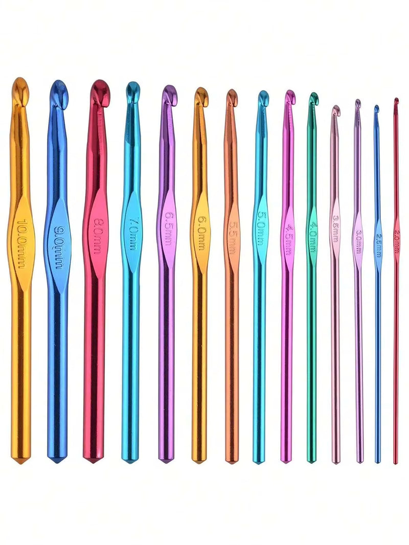 14pcs 2-10mm Multicolor Aluminum Crochet Hooks, 8pcs Random Color Single-Headed Crochet Hooks + 8pcs Double-Headed Crochet Hooks