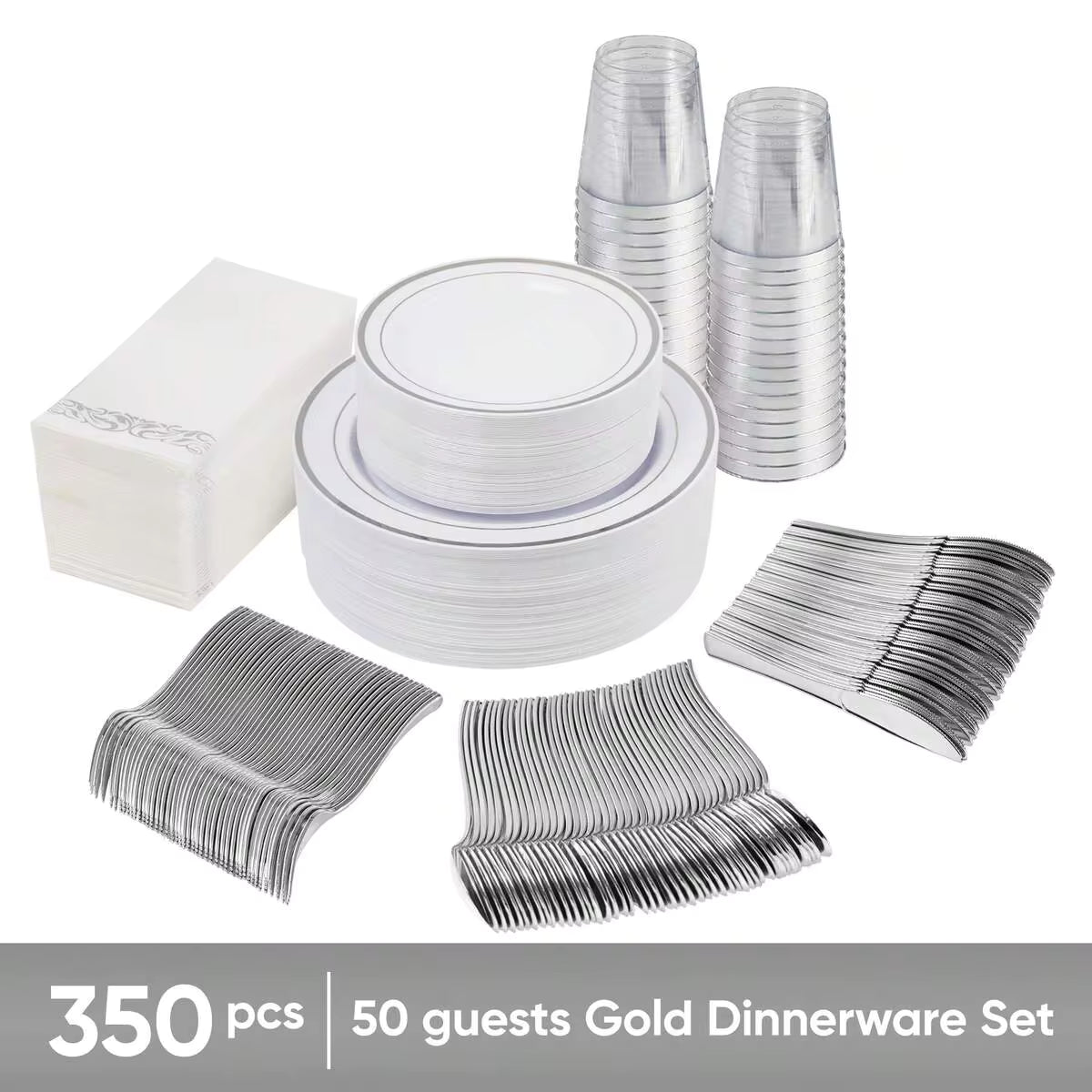 Nalupatio 350PCS Silver Tableware Set, Household Disposable Plastic Plates, Including 50pcs 7 Inch Dinner Plates, 50pcs 10 Inch Dinner Plates, 50pcs Silver Pattern Paper Towels, 50pcs Silver Knives, 50pcs Forks, 50pcs Spoons And 50pcs Silver Cups