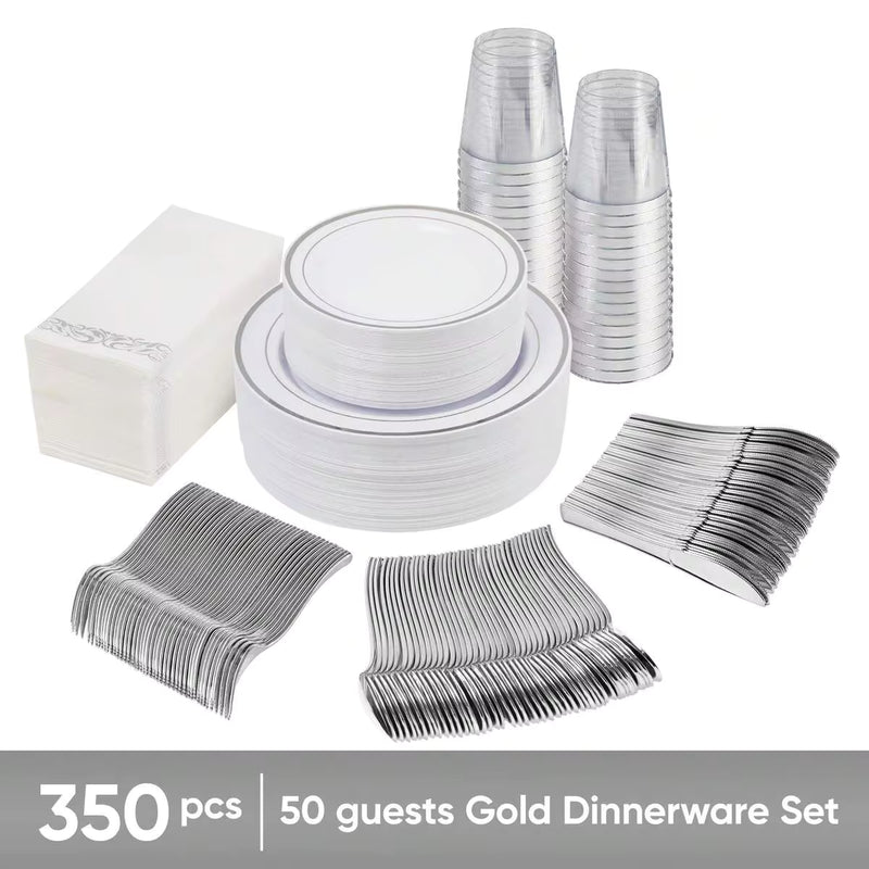 Nalupatio 350PCS Silver Tableware Set, Household Disposable Plastic Plates, Including 50pcs 7 Inch Dinner Plates, 50pcs 10 Inch Dinner Plates, 50pcs Silver Pattern Paper Towels, 50pcs Silver Knives, 50pcs Forks, 50pcs Spoons And 50pcs Silver Cups