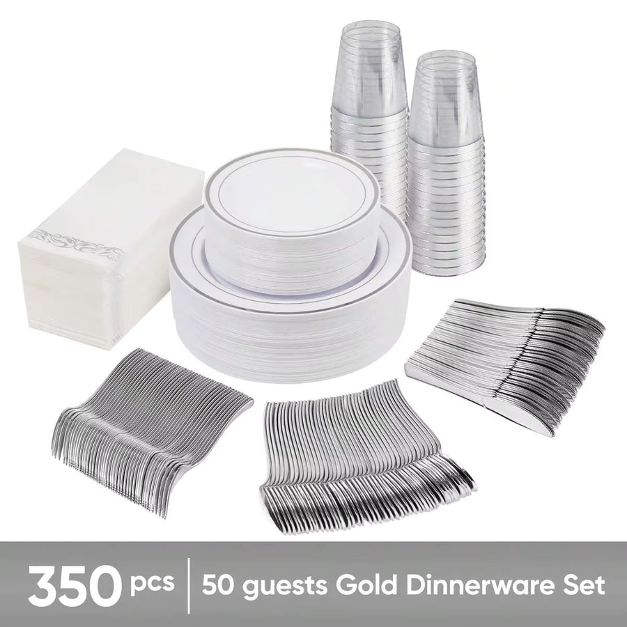 Nalupatio 350PCS Silver Tableware Set, Household Disposable Plastic Plates, Including 50pcs 7 Inch Dinner Plates, 50pcs 10 Inch Dinner Plates, 50pcs Silver Pattern Paper Towels, 50pcs Silver Knives, 50pcs Forks, 50pcs Spoons And 50pcs Silver Cups