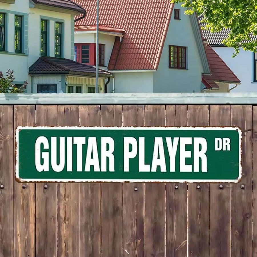2D Flat - 1pc Large Vintage Guitarist Metal Wall Sign |   Heavy-Duty Iron Retro Music Decor With Guitar Pick Art & Bold Green Letters - Large 4*16 Inch (10*40cm) Guitar-Themed Decoration Suitable For Man Cave, Garage, Bar, Music Room - Aged Aesthetic